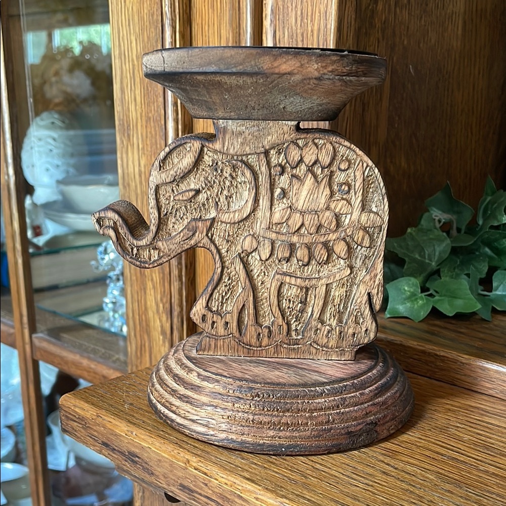 Elephant Carved Wooden Candle Holder